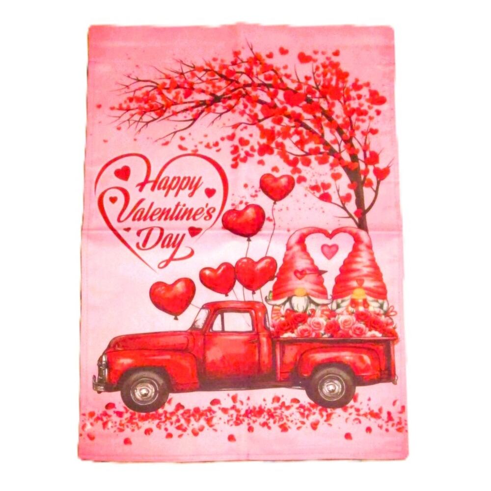 Valentine’s Day Pink Garden Flag Truck Gnomes Roses & Heart Balloons 12x17 inch